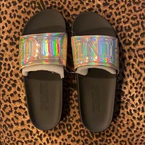 PINK iridescent single strap slides/M